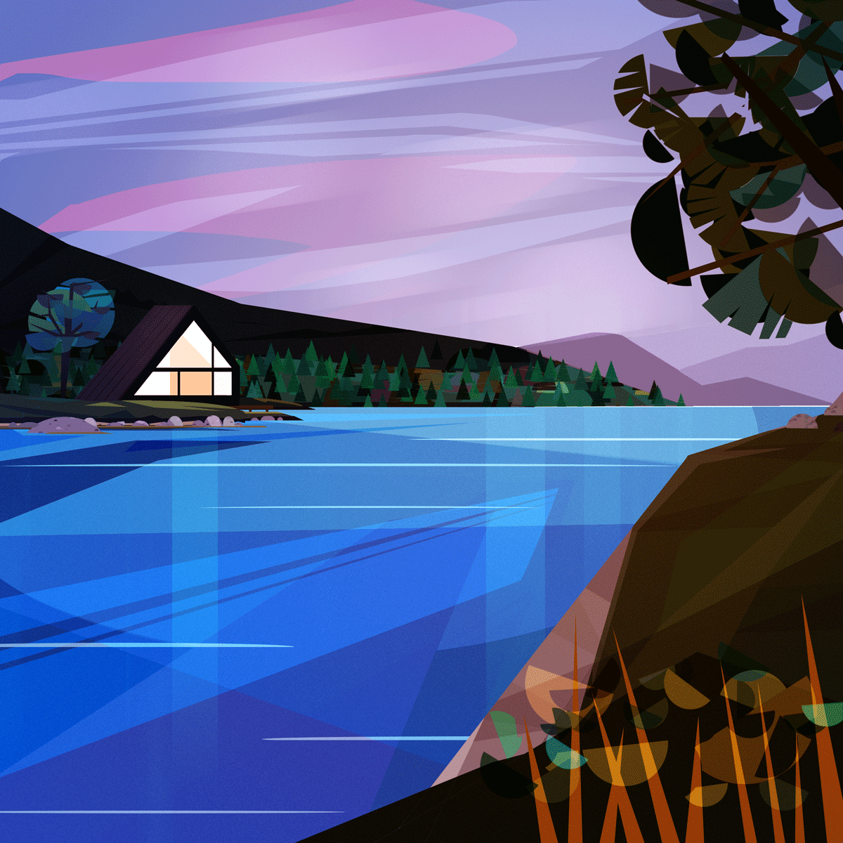 flat vector background concept art Nature forest river sunset seasons