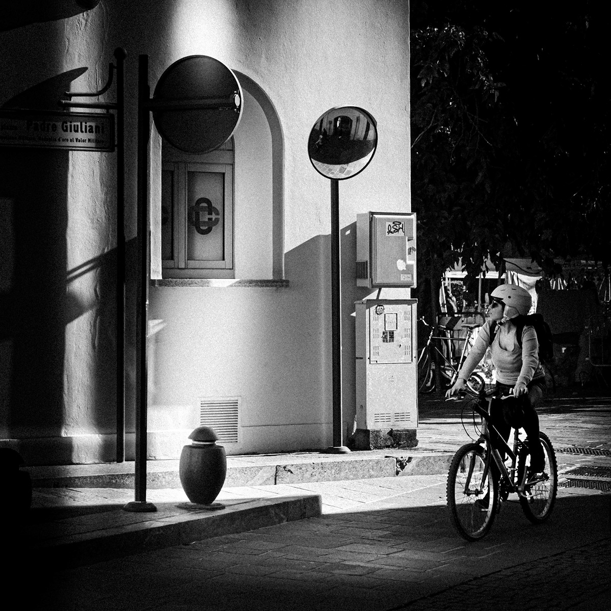 black and white Urban Street people light dark monochrome Bicycle street photography