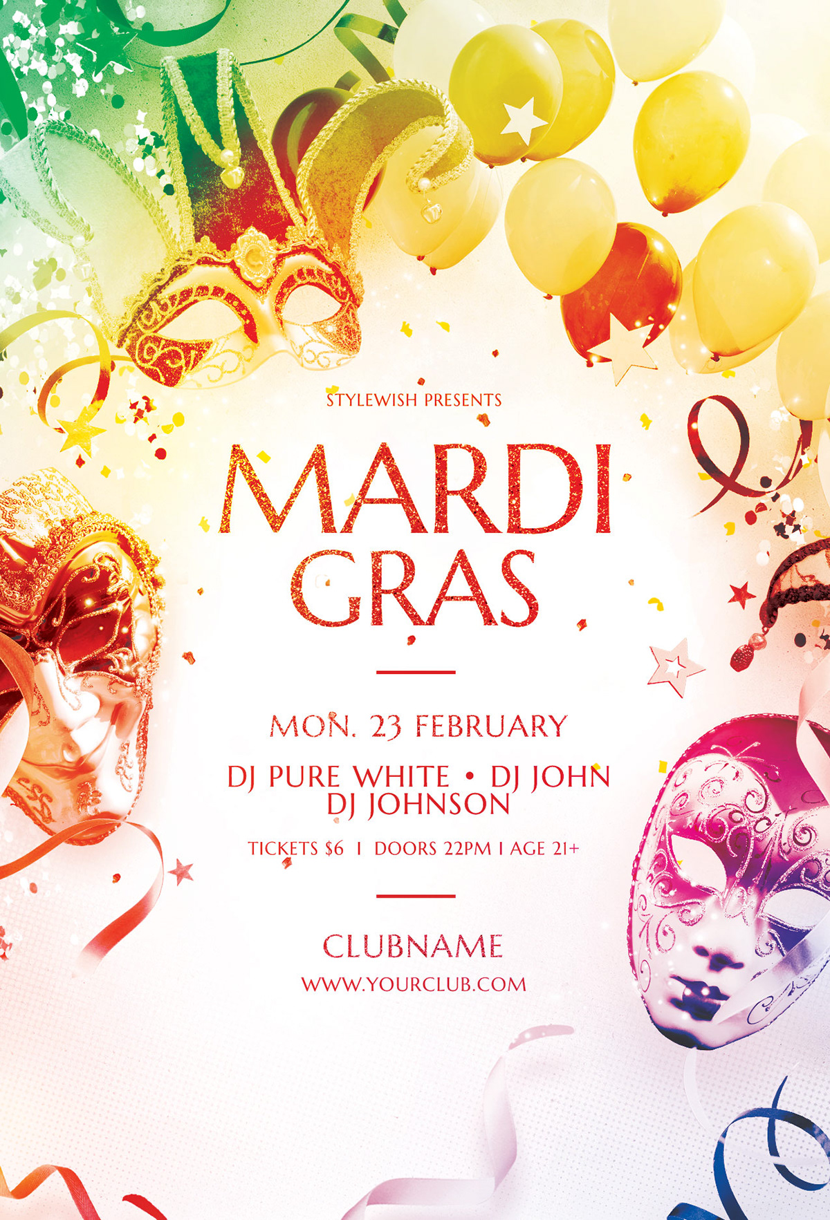 Carnival mardi gras flyer poster confetti Masquerade festive celebration colorful colors