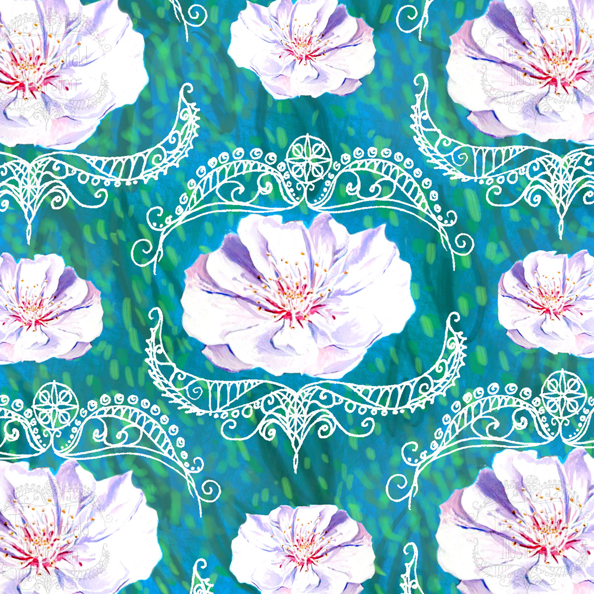 Lilly pattern whimsical interior decor Fabric patterns Flowers aqua water Nature