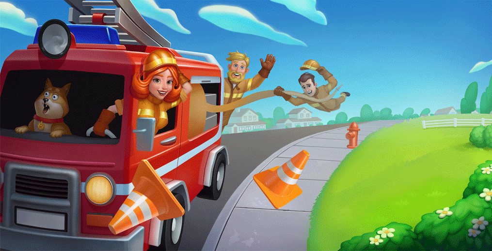 cartoon digital illustration casual game 2D fire engine rescue emergency banner