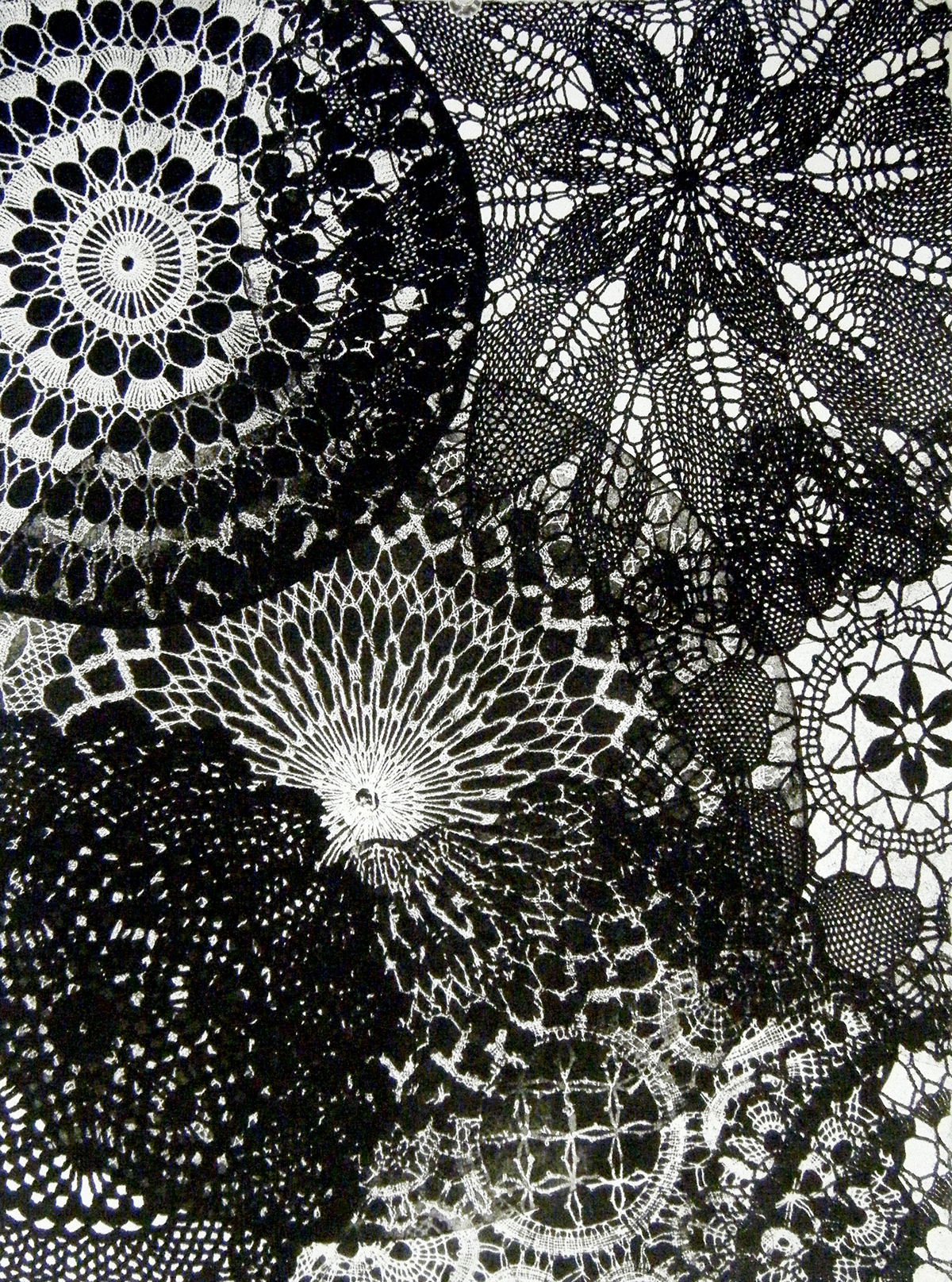 enamel doilies crochet glass printmaking xerox transfer color black and white 2-D