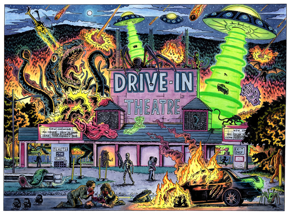 b-movie Drawing  drive-in HAND LETTERING horror ILLUSTRATION  Landscape monster movie movie Scifi
