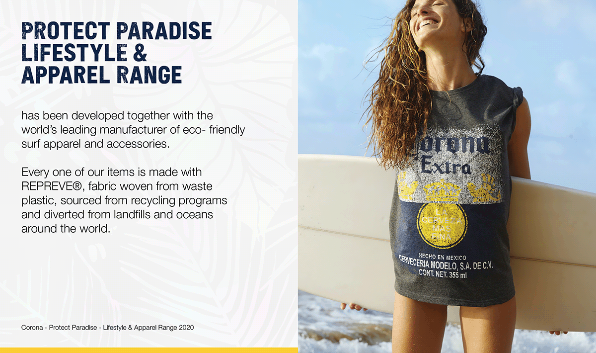 beach towel Catalogue design corona cub lifestyle merchandise Protect Pardise Repreve t-shirt beer