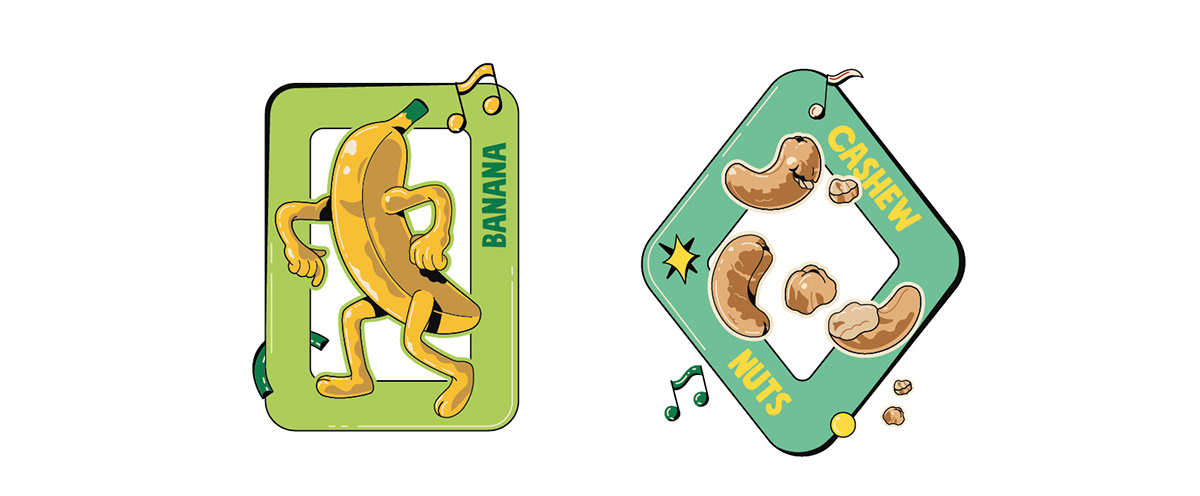artwork cartoon Characters Design concept art fruits graphic design  ILLUSTRATION  Packaging product design  snack