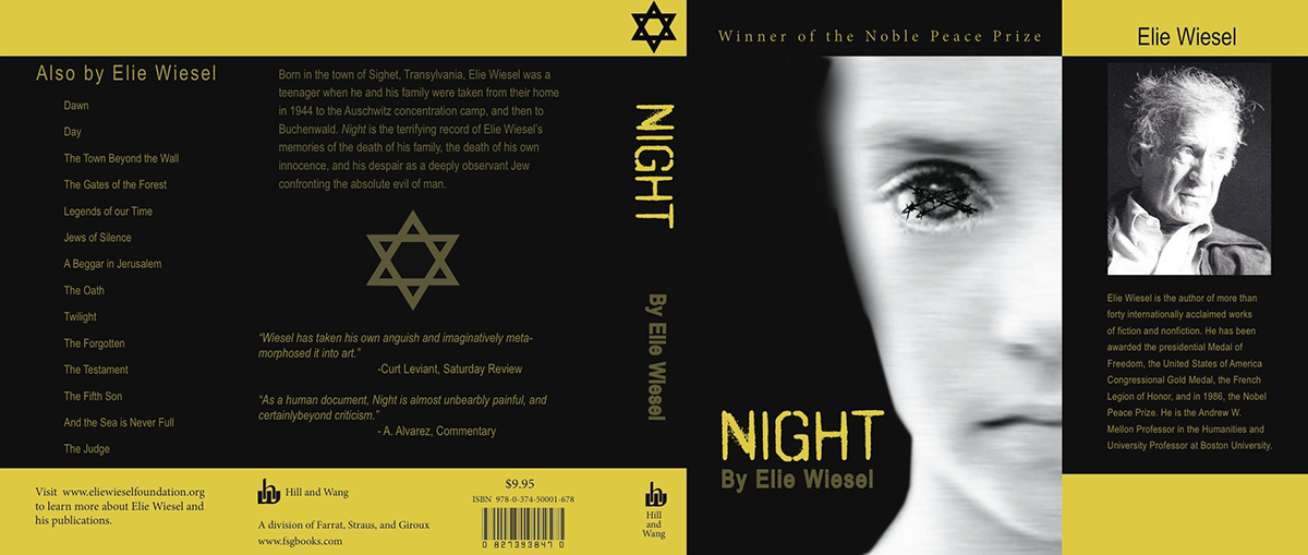 bookcover night Eli Wiesel addy award book cover redesign jew holocaust Star of David gold and black award winner