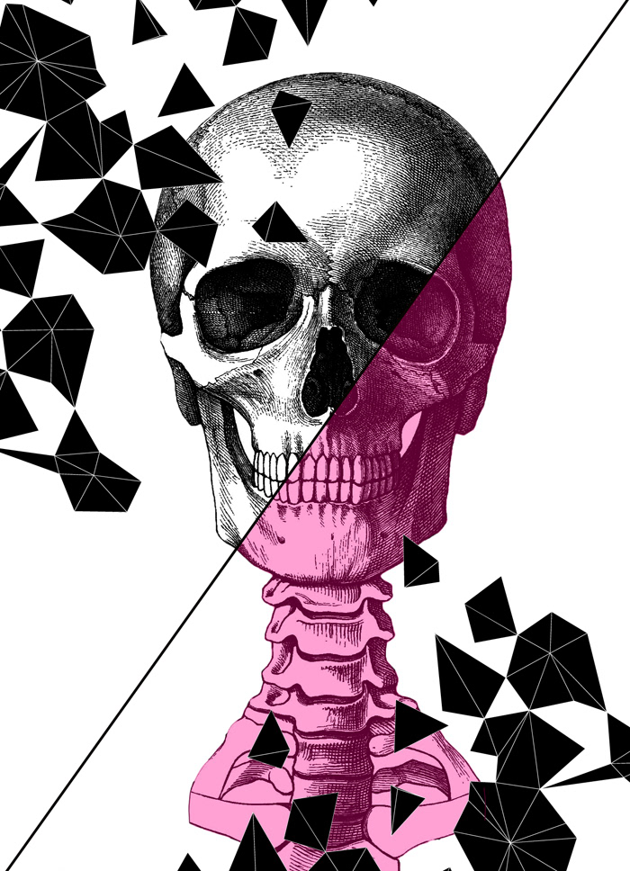 skull skulls noir blanc black with triangle 3D vert rose green dessin graphic graphisme Typographie