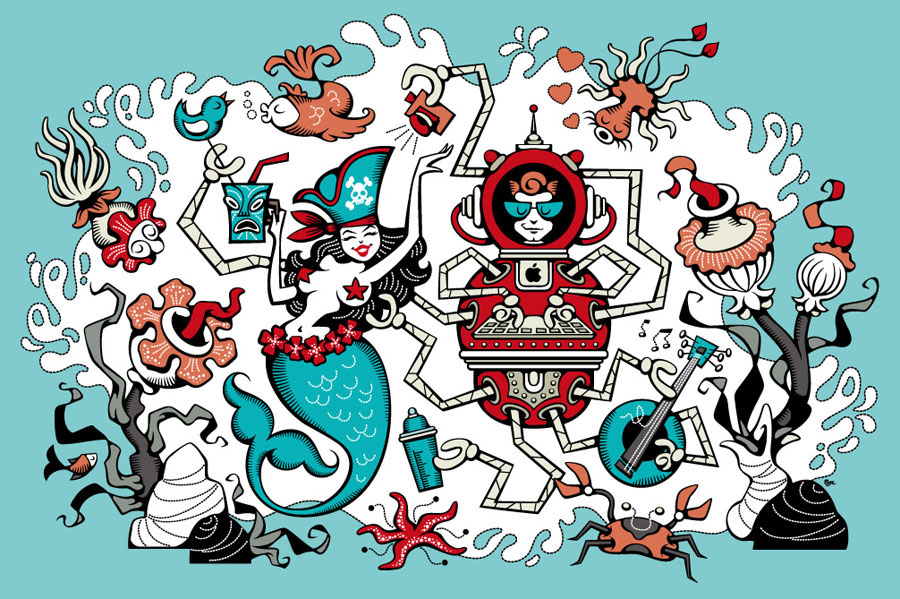 sirene robot pieuvre mer Ocean poissons fête party octopus pin-up Tiki geek vector vintage Retro