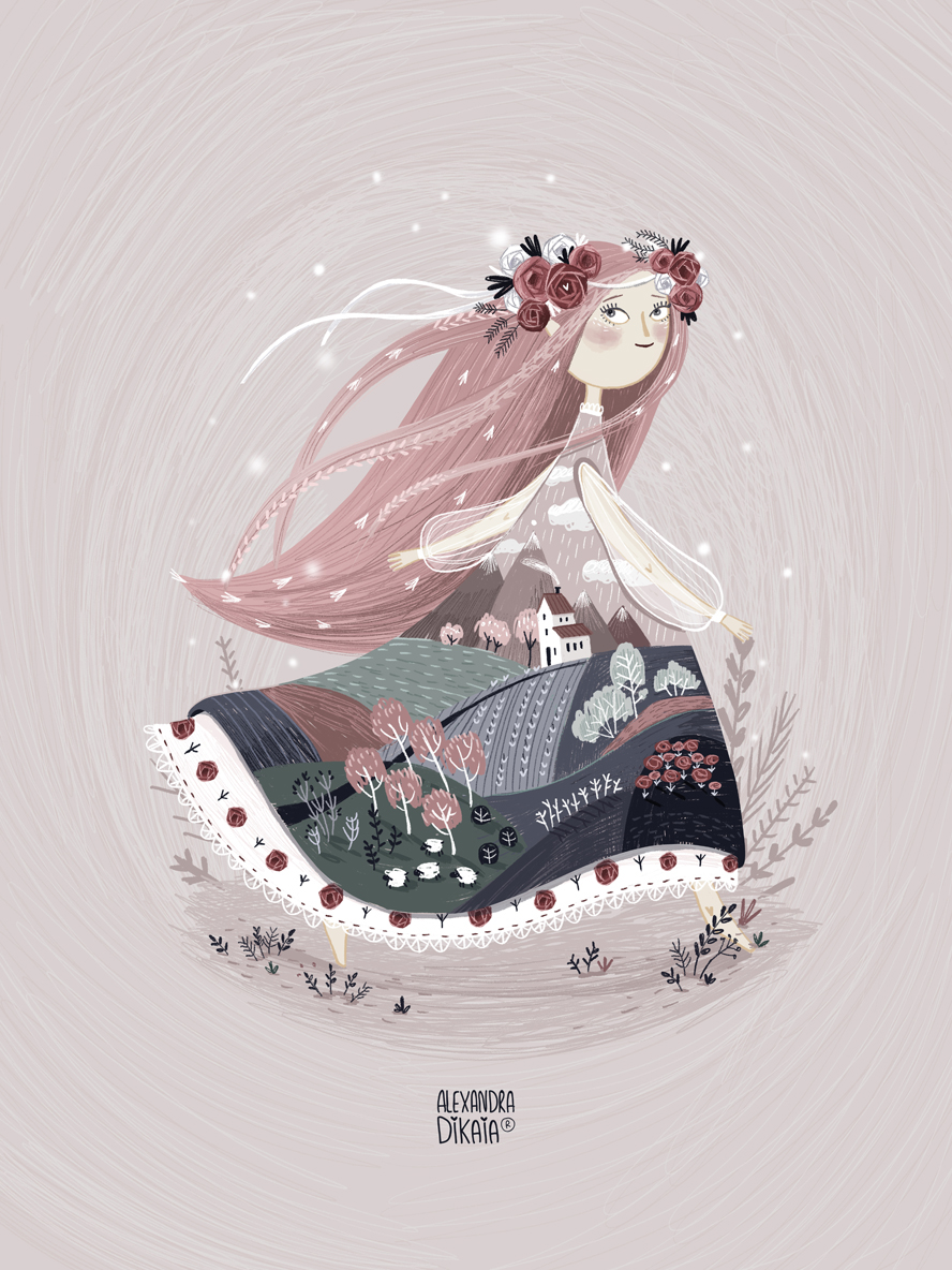 spring ILLUSTRATION  postcard Character girl fairy-tale ukraine Flowers birds