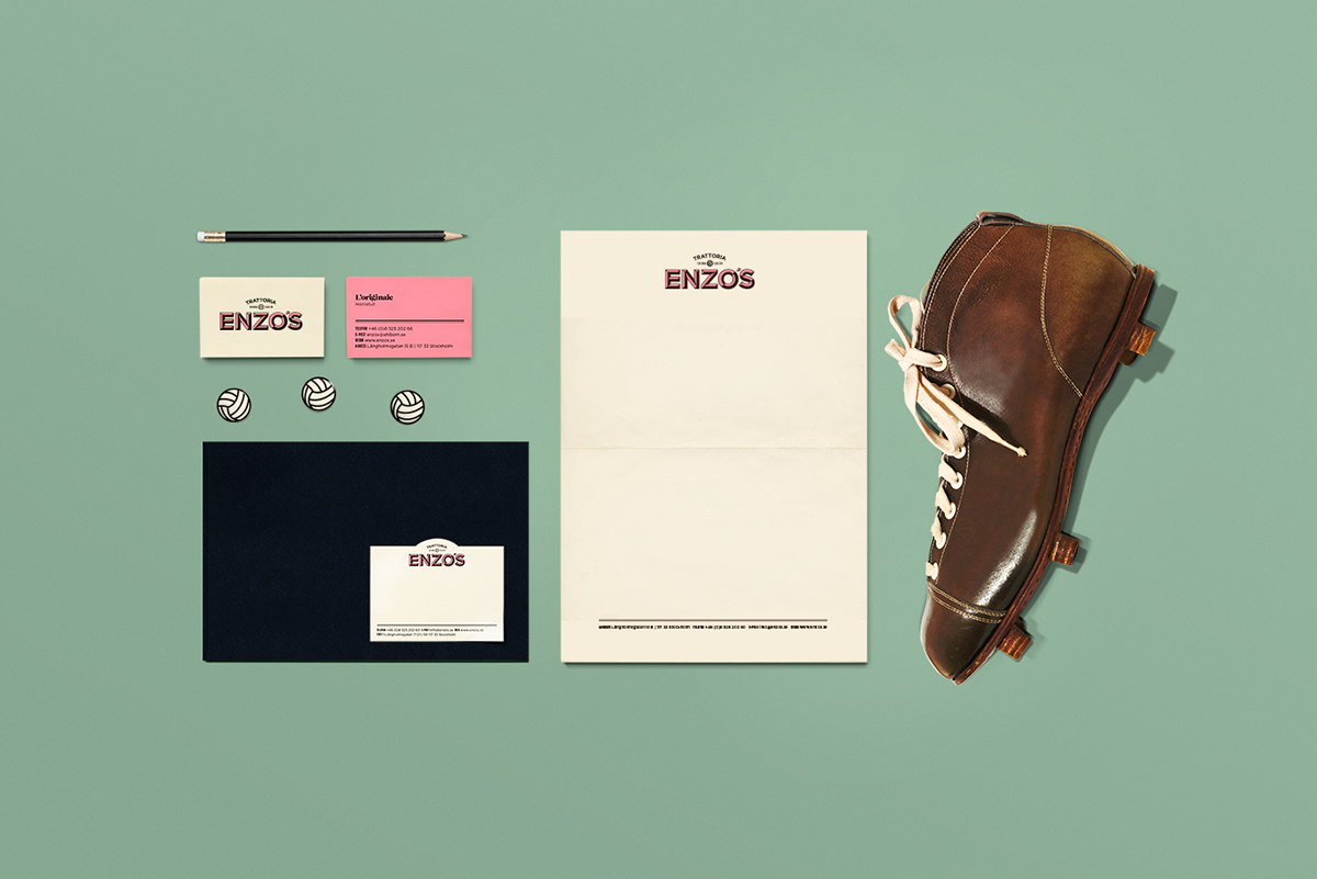 identity logo Pizza Sports Bar football soccer pizza box Enzo's menu Stockholm take away