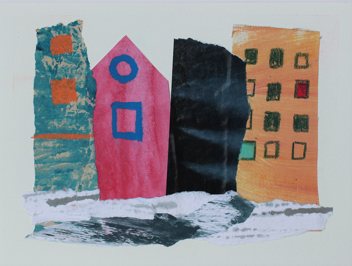 city collage houses pastel