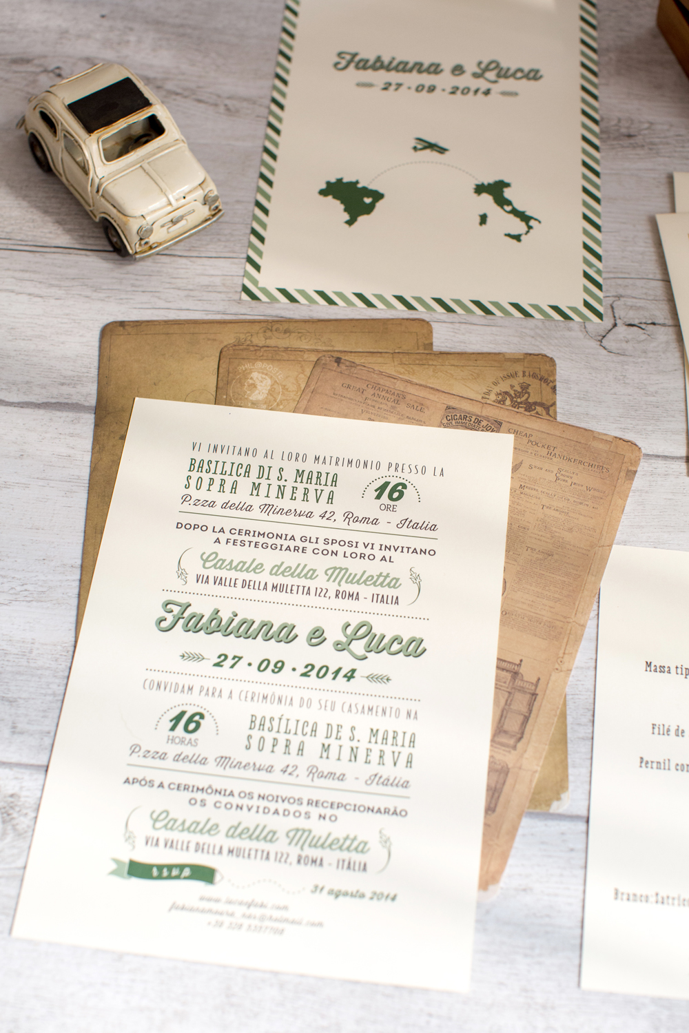 wedding WeddingInvitation Invitation maps graphicdesign graphics world Brasil Italy Rome car green vintage invite Stationery