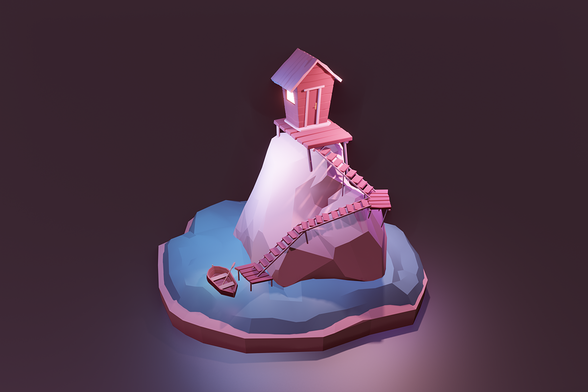 3D CGI design Low Poly stylized graphic house sea environment blender