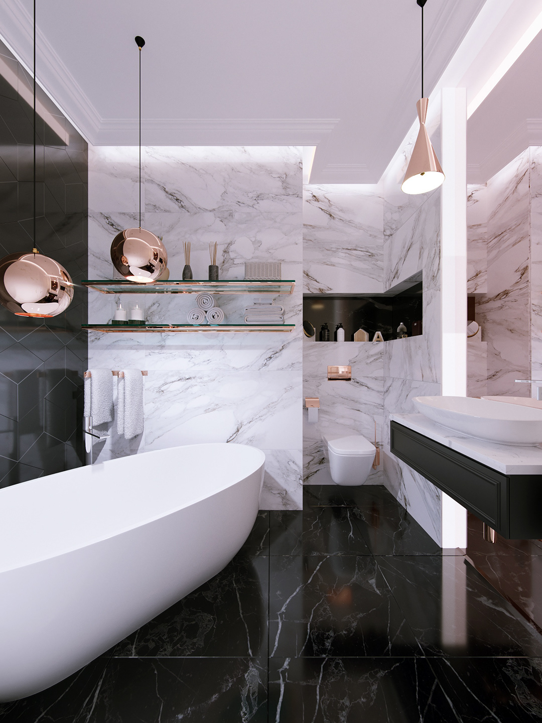 glamor bathroom design Interior gold Marble bath black White stone
