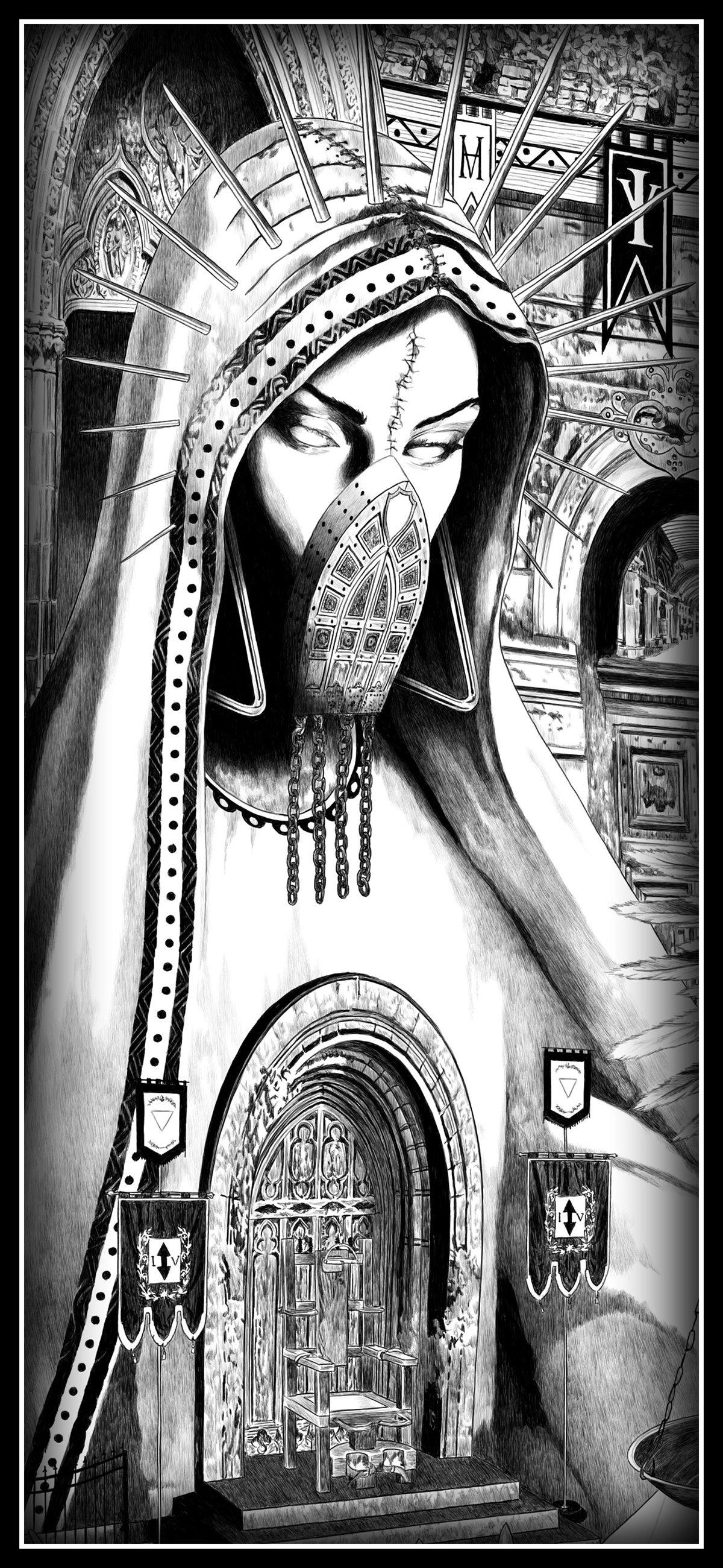 surrealismo surreal black and white blanco y negro virgen Cristo jesus monje Muerte death superstition supersticion ALAS wings dibujo