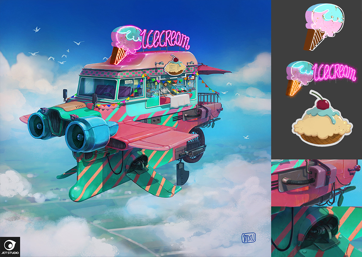 Vehicle concept art concept ice cream ice cream shop Flying Car vintage ice cream pastel clouds Fly conceptart art ILLUSTRATION  backgrounddesign bg backgrounds 2D Treehouse gamedesign animation  environment backgroundartist propdesign props