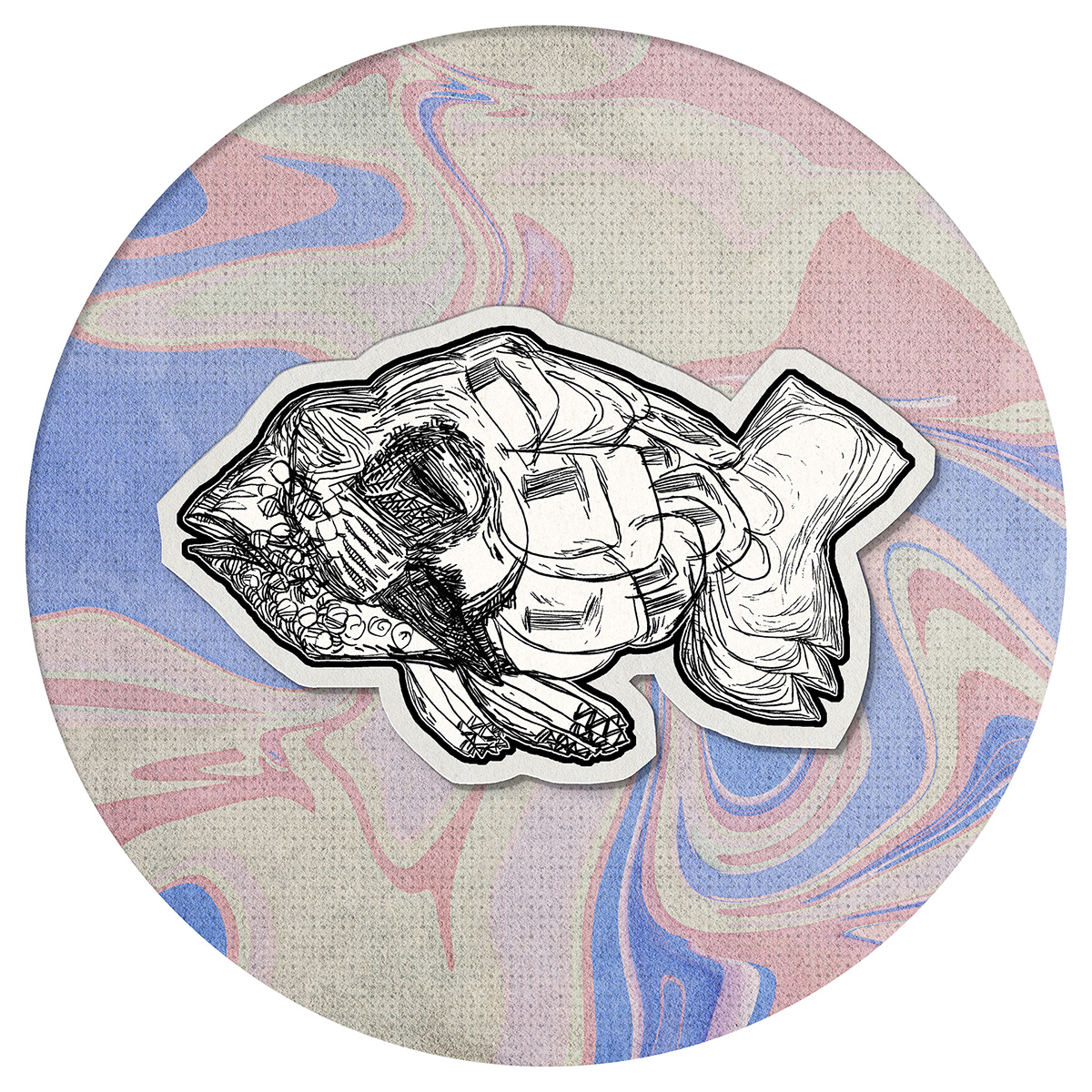 A hand-drawn bizarre fish created with graphite lines and placed on a psychedelic circle background.
