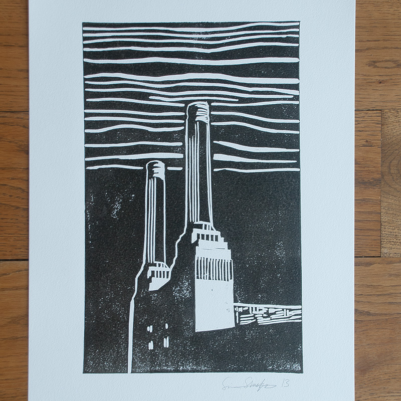 Battersea Power Station  london  can of worms  marmite heinz  soup can tin of soup Battersea linocut  print