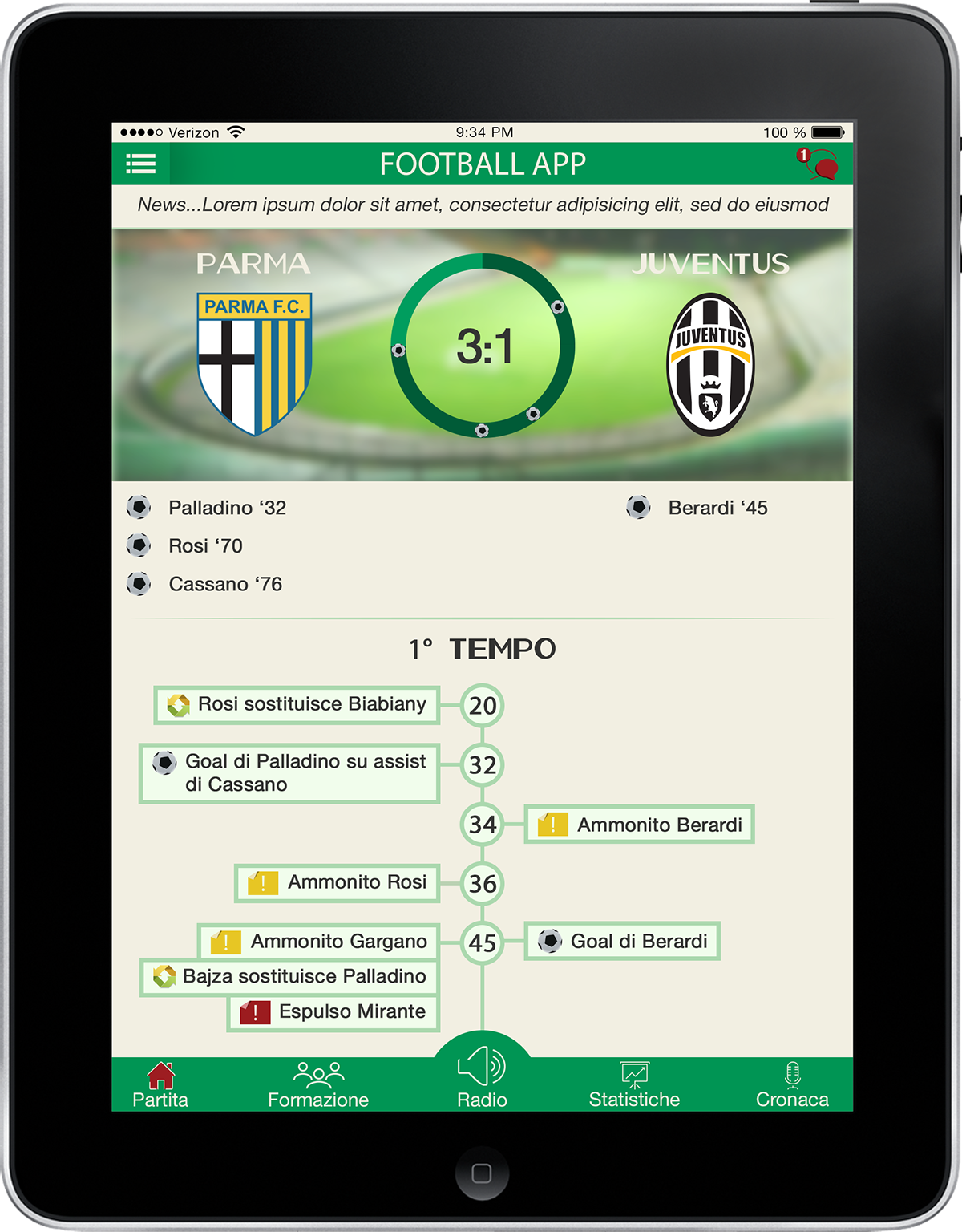 football soccer green blu timeline iPad ios tablet application match