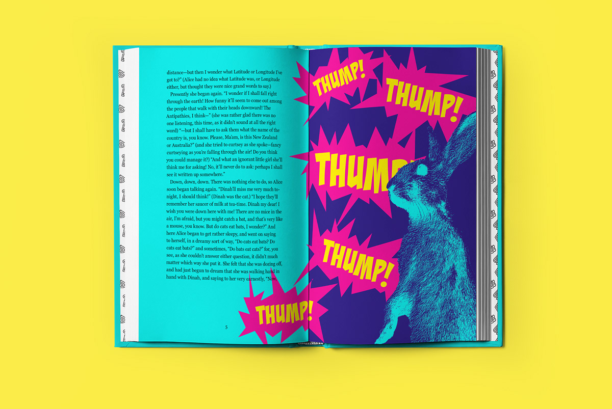 Adobe Portfolio Bookdesign redesign colorful psychedelic twisted lewis carroll alice in wonderland cheshire cat awardwinning