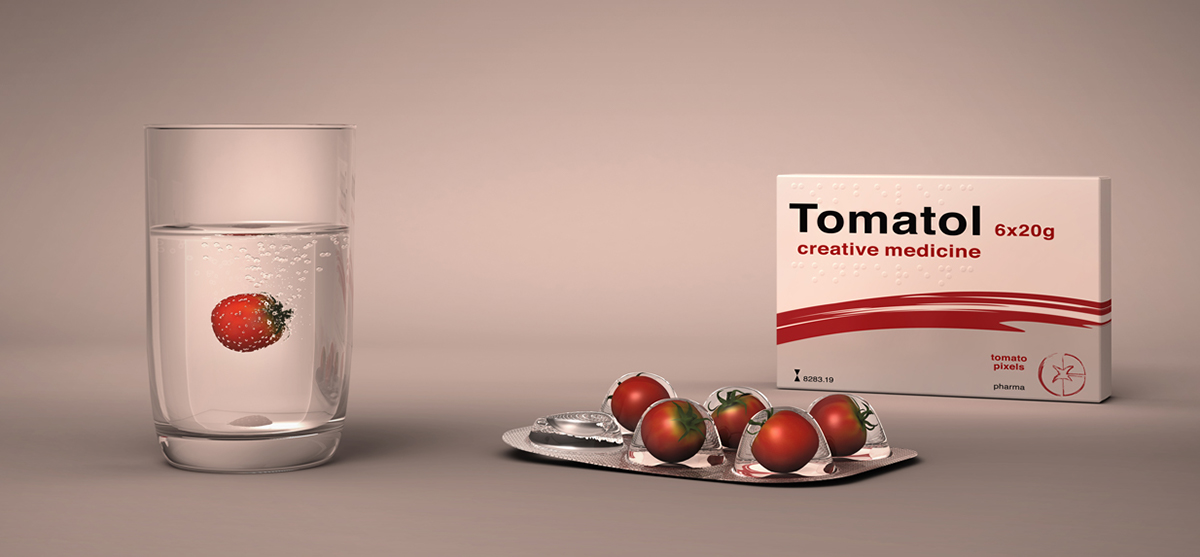 Tomato CGI 3d Visualisation Pharma medicine Blister glas water bubbles pharmacy Drugs red package design 