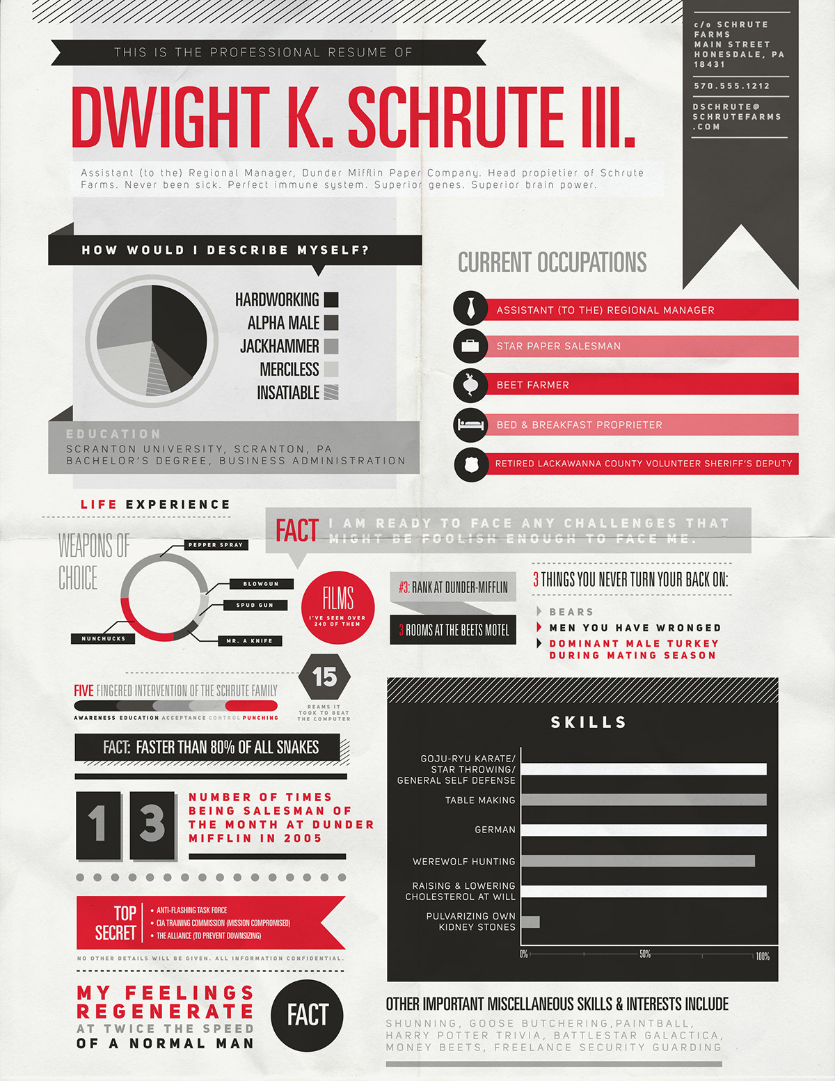 dwight schrute the office Resume infographics chart graph type sans serif fake anything Fun funny nbc rainn wilson 3 color font dwight k schrute dwight quotes dwight schrute quotes the office quotes office fan art pie chart pie graph red black