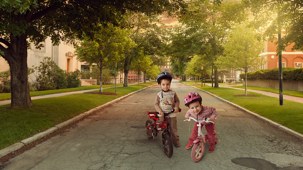 Composite environmental portrait portrait people kids strobism photoshop bikes Street Twins play Harvard boston