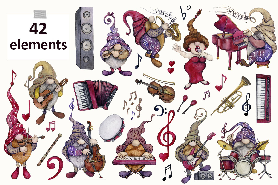 cartoon Character cute gnome music notes