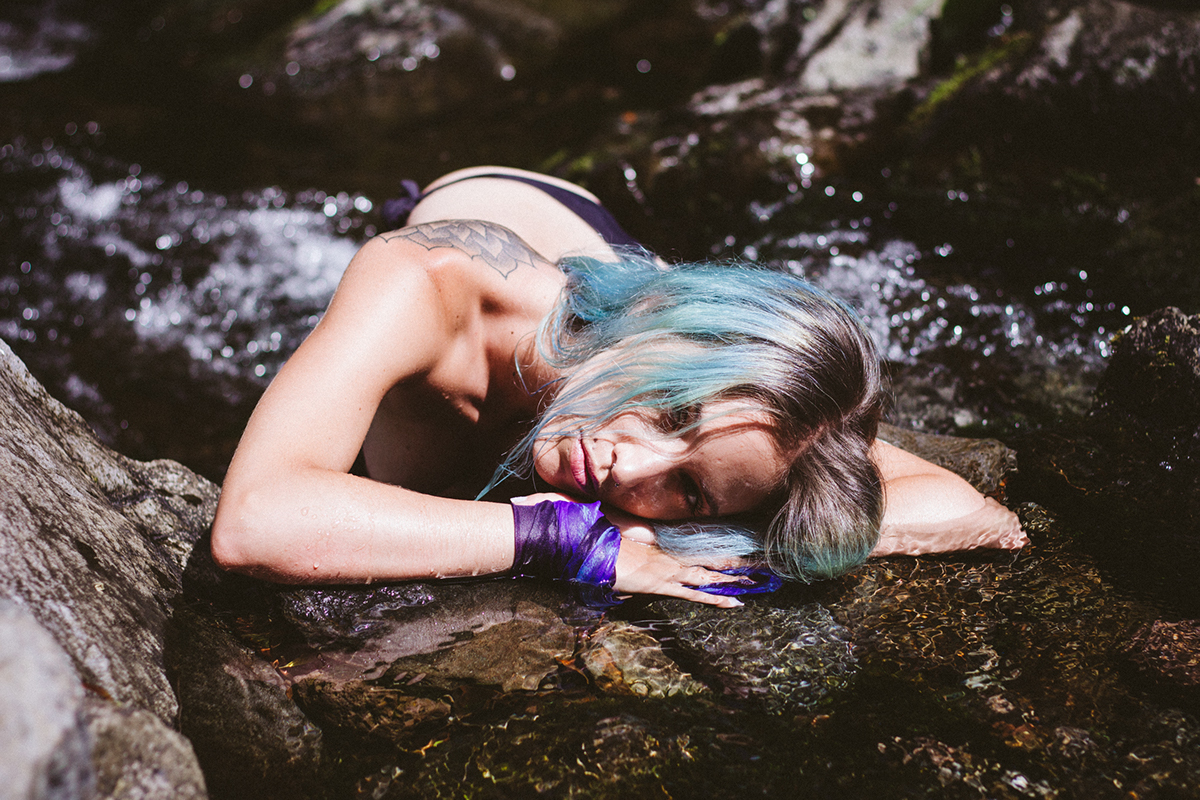 model photoshoot blue hair waterfall water summer Açores Portugal oasis Nature