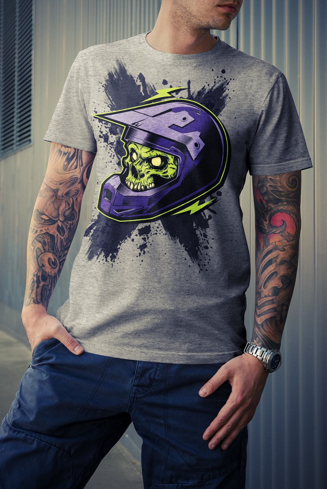 extreme Illustrator vector motorcycle freeride rider horror skull Helmet t-shirt