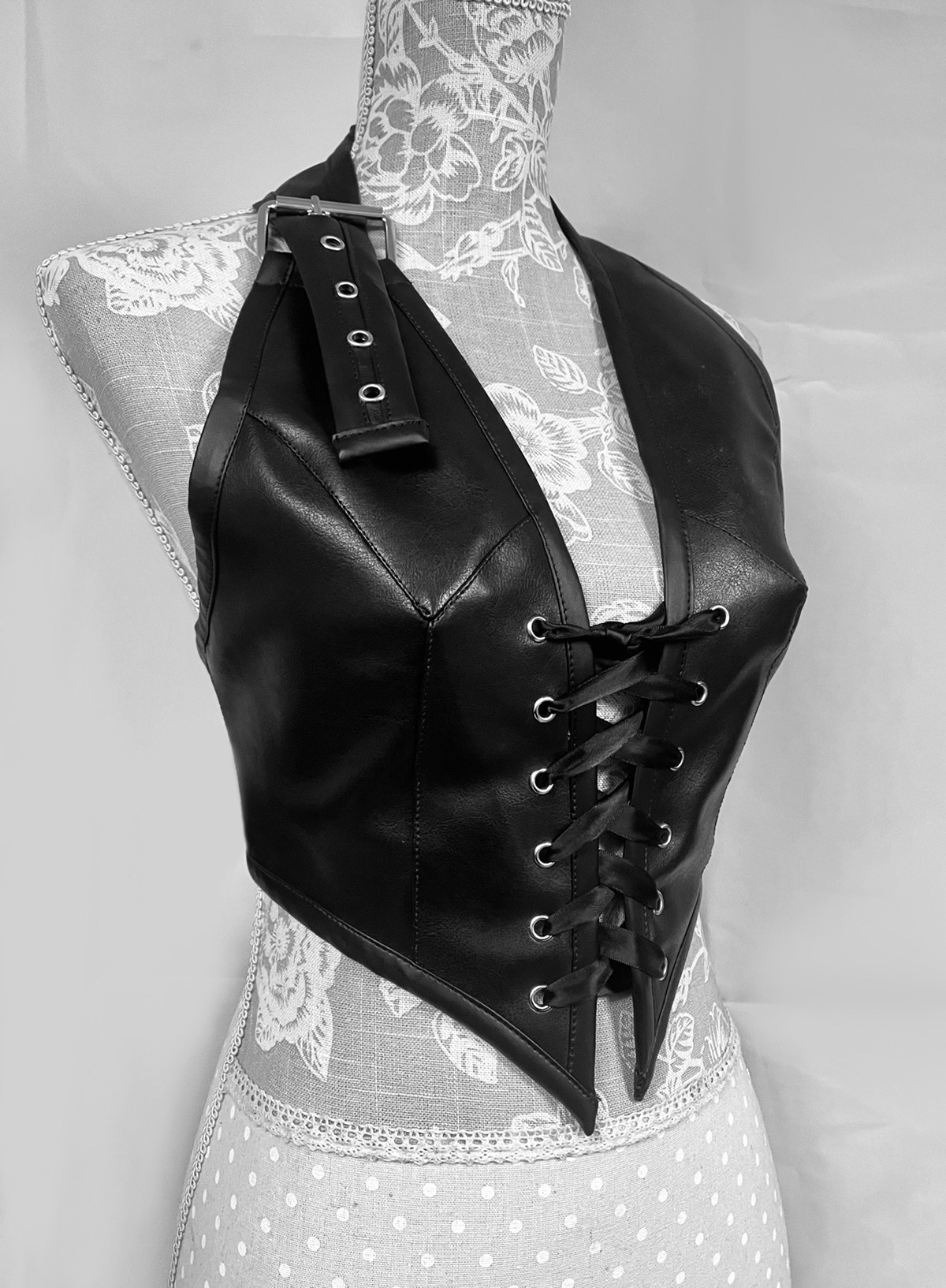 Fashion  fashion design leather laceup corset black Pattern cutting handmade Startup bespoke design belt sewing eyelets