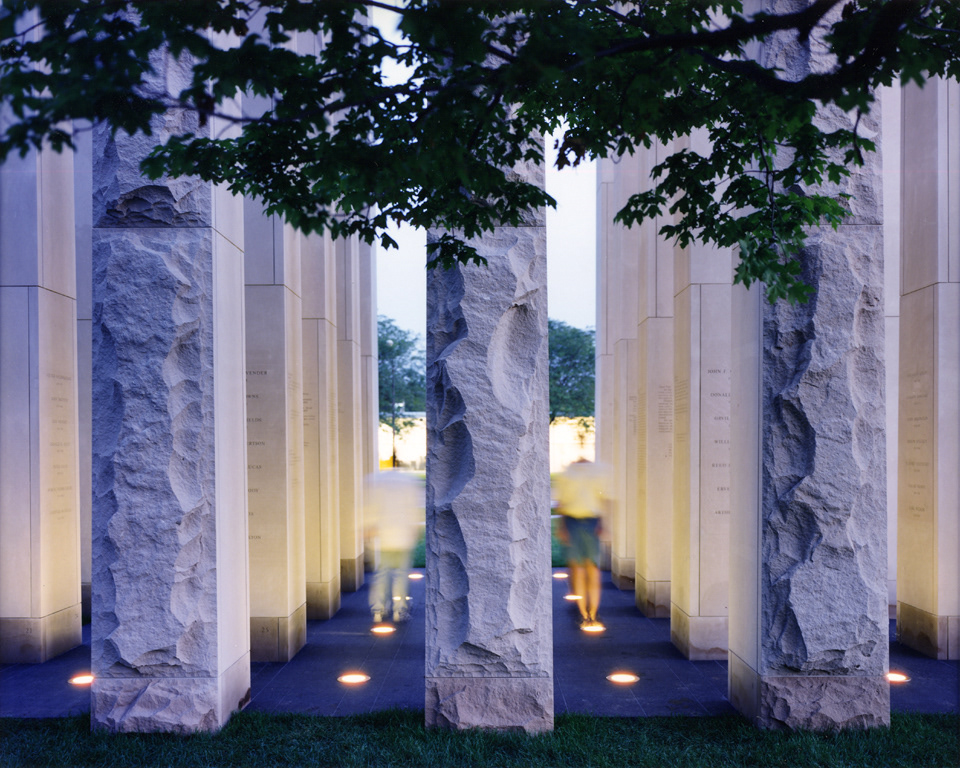 Veterans Memorial contemporary architecture Charles Rose Memorial Columbus Memorial stone architecture Indiana memorial stone columns