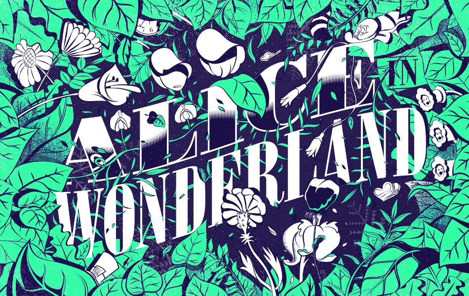 alice in wonderland disney alternative poster movie Exhibition  vector Nature Flowers lettering wacom adobe Illustrator Screenprinting print