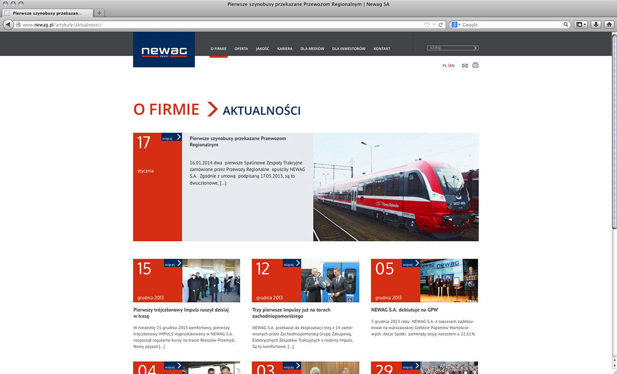 Web www www design trains train Newag Newag S.A. industry Website rail industry haevy engineering product presentation contact map navy blue red