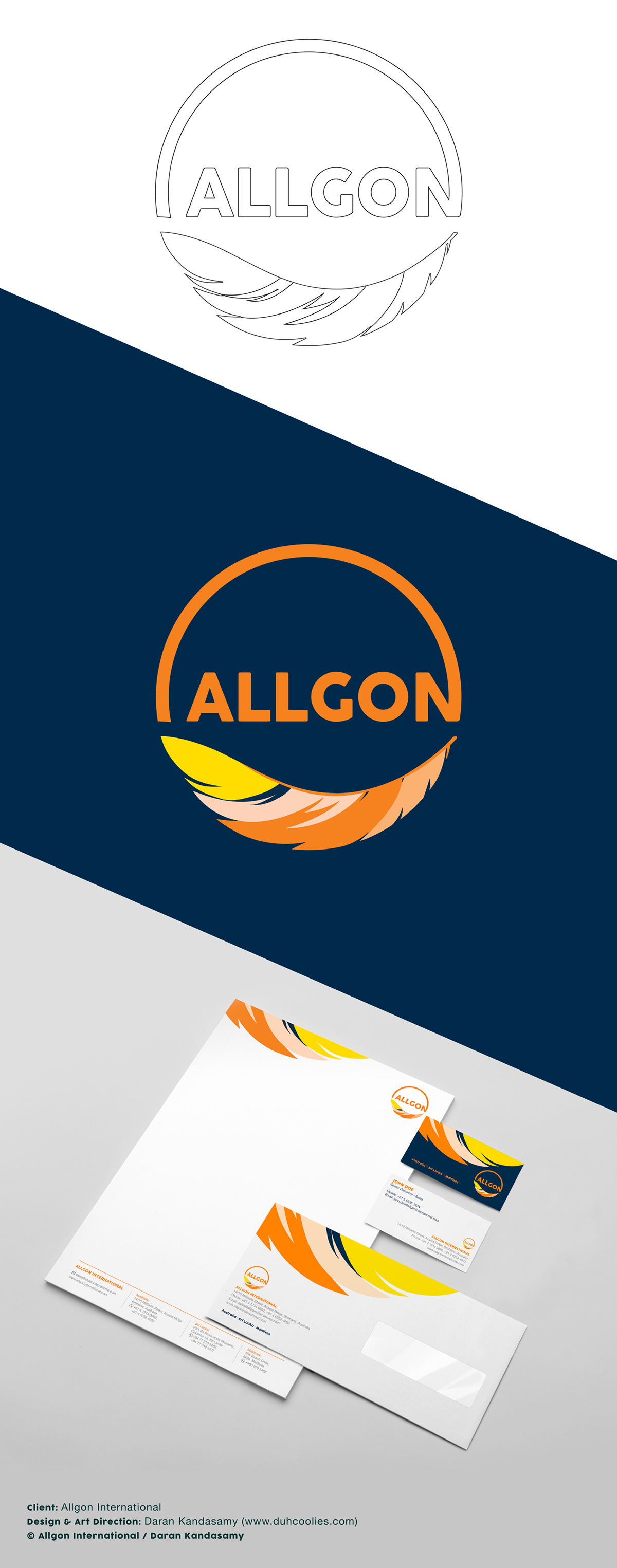 Allgon Pest Control International logo Stationery feather orange blue circle ring