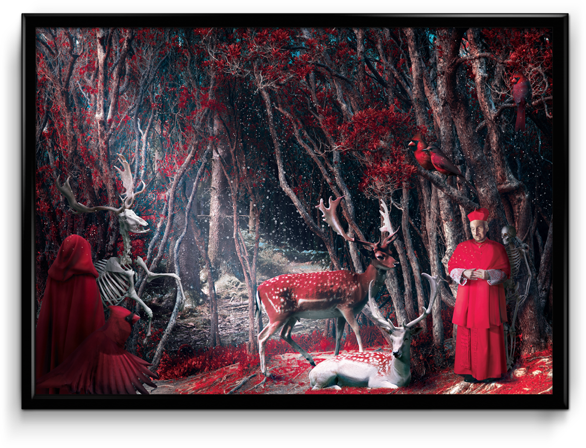 digital painting photomanipulation hieronymus bosch red Cardinals skeletons reneissance cardinal skeleton