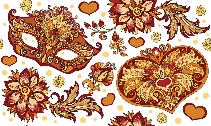 mask Carnival venetian Flowers feathers red yellow ILLUSTRATION  Style vector