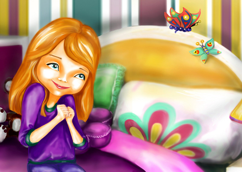 little girl room cute pink bed smiling Golden Hair blonde happy Teddy child Character Blue Eyes purple