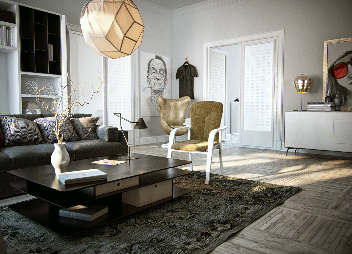 White room house 3D Interior rendering Render vray FLOOR 3d max light