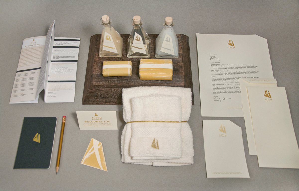 Aurum winter resort hotel soap shampoo towels notebook Stationery letterhead business card process book map brochure