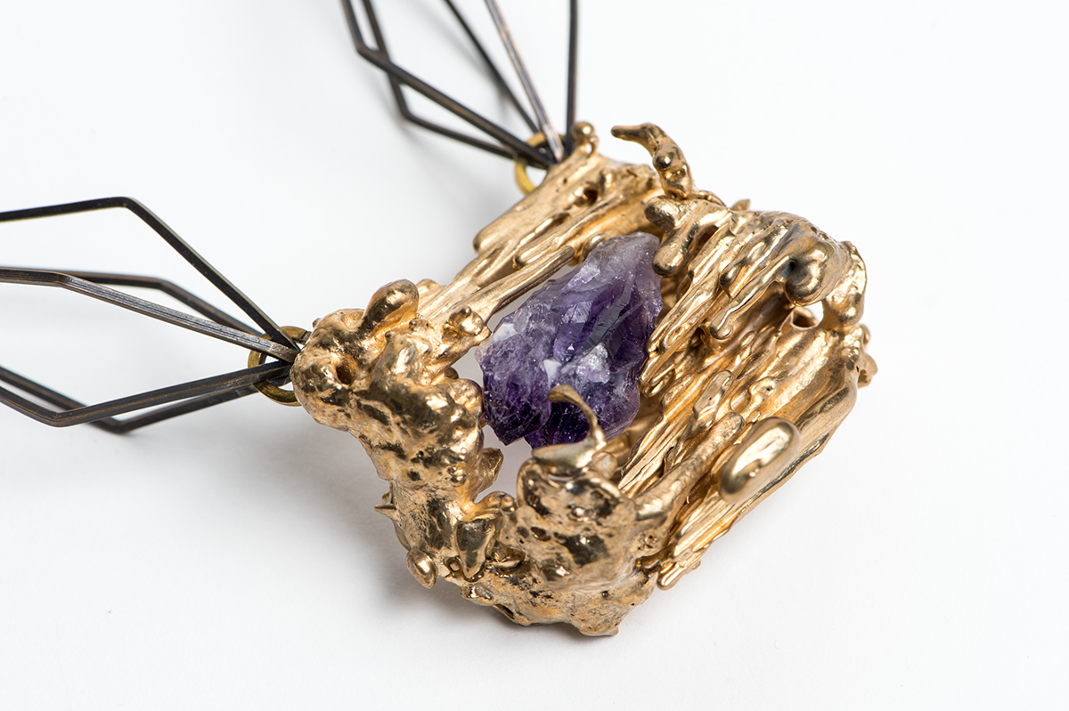 jewelry statement Necklace amethyst gold brass bronze diamond  chain toggle clasp patina black purple cast