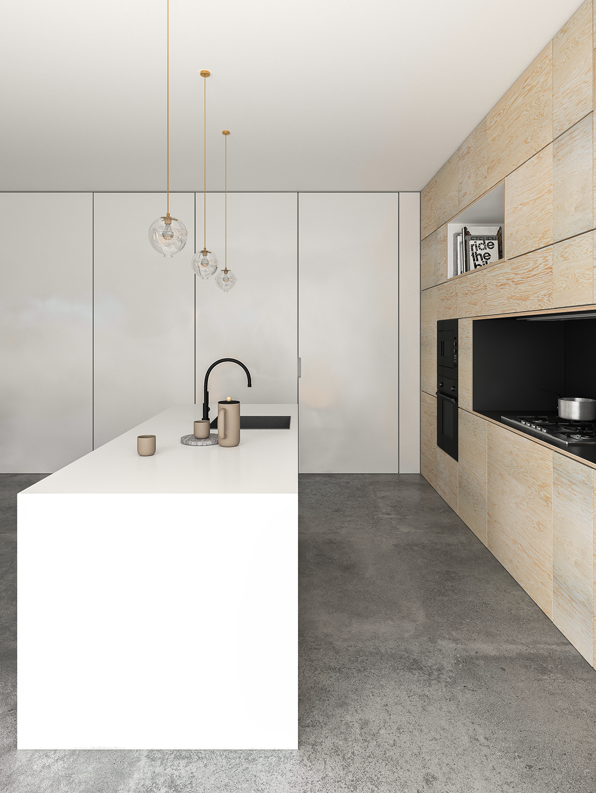 architecture Interior kitchen playwood concrete CGI Black and wood black visualisation visualization