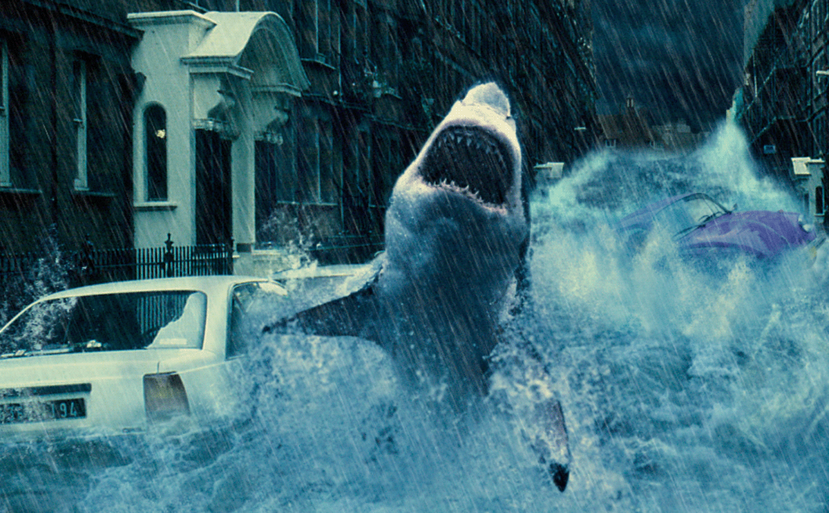 londra London rain pioggia flood innondazione squalo shark compositing photoshop