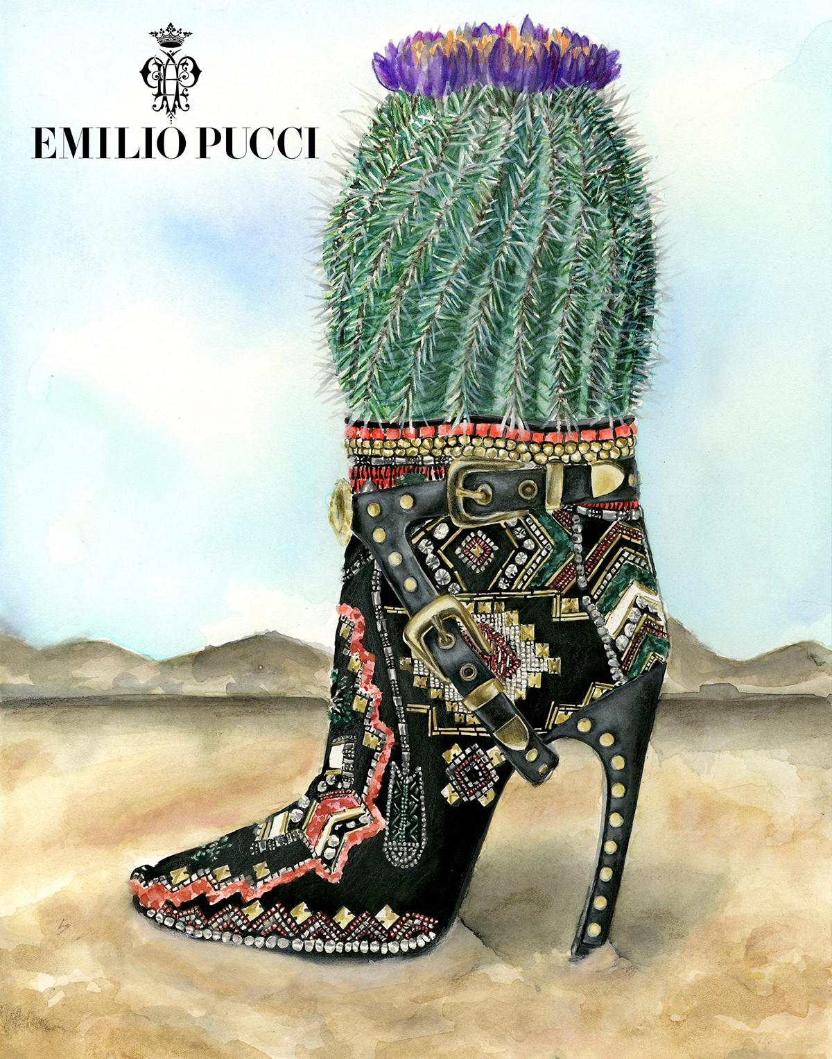 Emilio Pucci shoes handbags desert boots accessories purse western Pucci cactus ad
