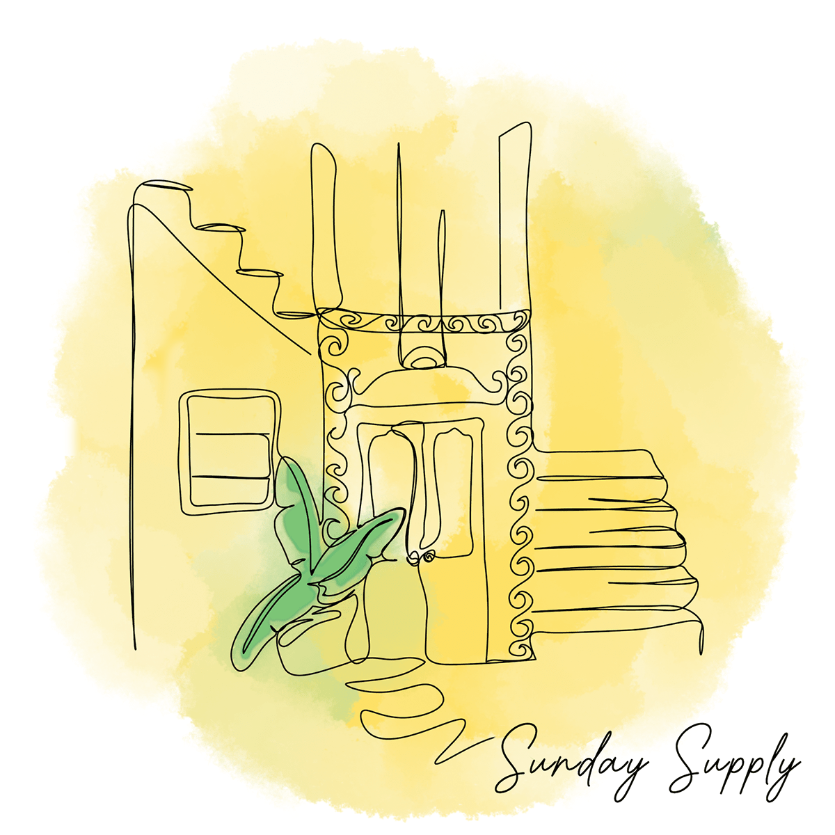 Old fashioned elevator drawn with a single line on a yellow and green watercolor background