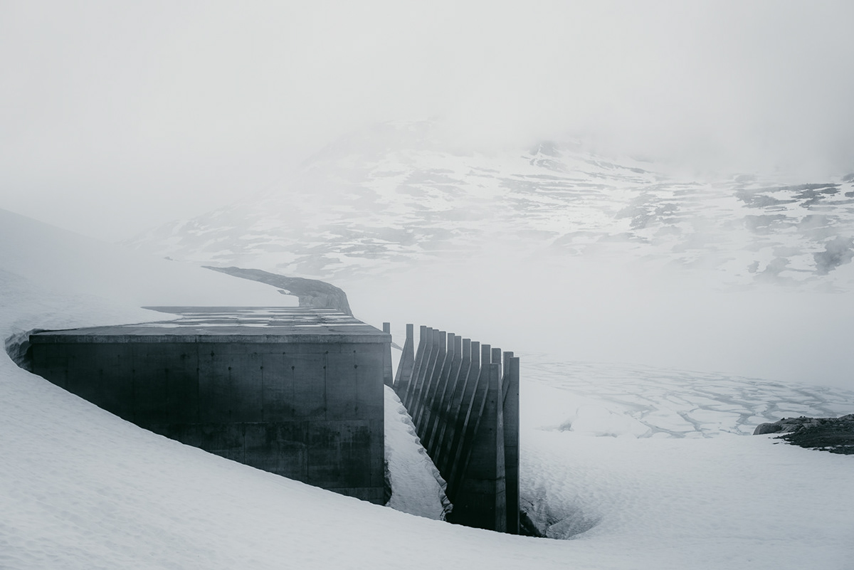 norway dam winter snow ice building industry architecture minimal Landscape