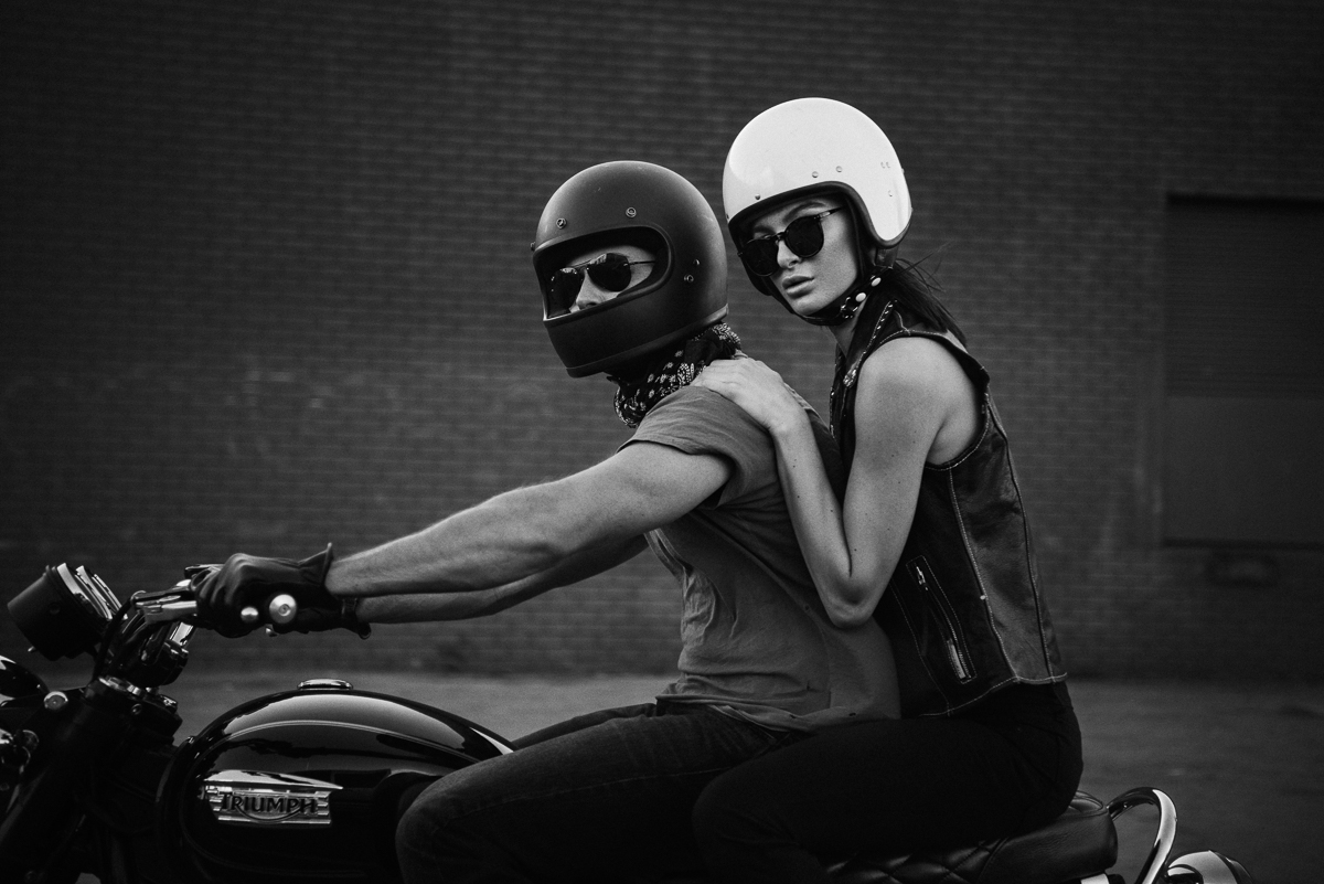motorcycle motorcycles Los Angeles Lookbook lifestyle black and white dark downtown lighting motorbike triumph
