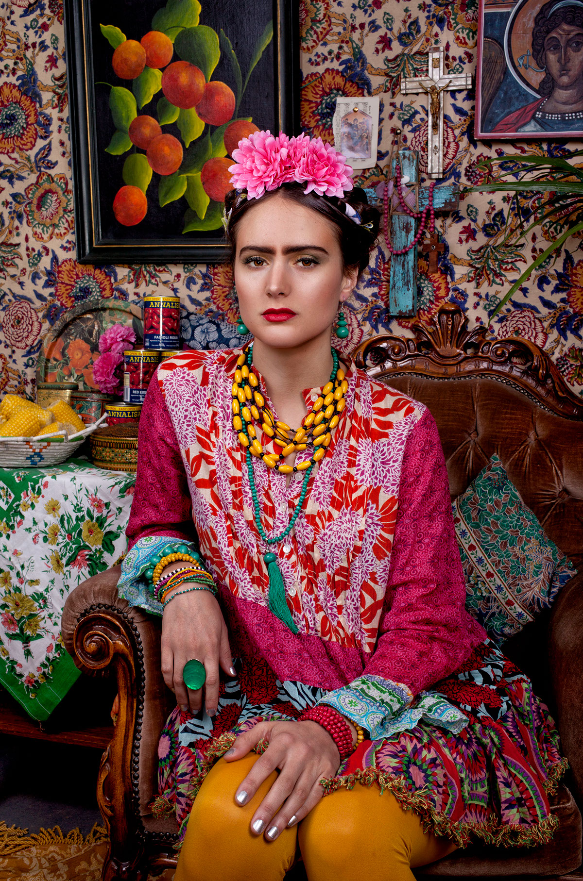 styling  photoshoot fridakahlo frida kahlo pattern mexico bright bold yellow pink beads editorial