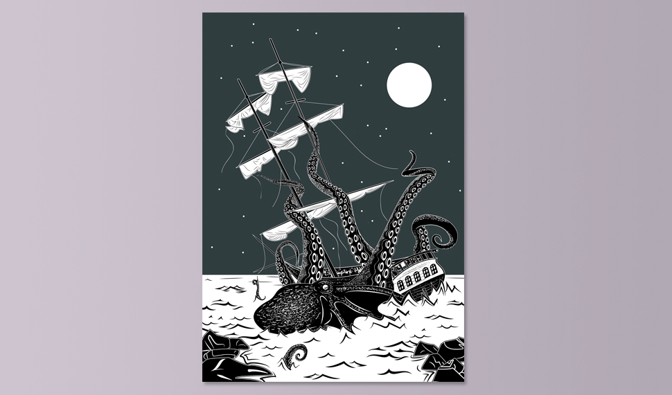 ILLUSTRATION  vector pirrate bear animal kraken sea Ocean poster graphic design 