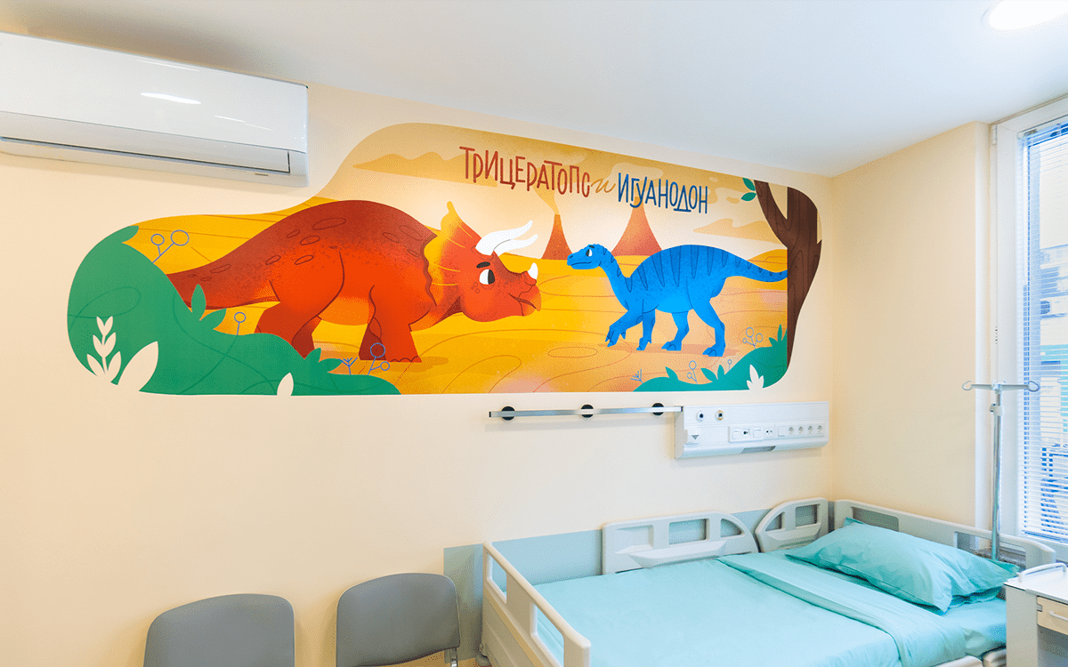 art direction  branding  children Dinosaur environment hospital ILLUSTRATION  Interior Signage wayfinding